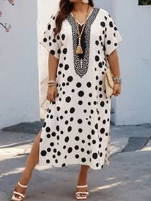 SHEIN LUNE Plus Size Polka Dot Print V-Neck Slit Casual Short Sleeve Dress - Multicolor - View 5