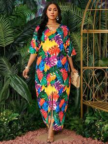 SHEIN Lady Women's V-Neck Leaf Print Casual Dress For Vacation Beach Cover Up Women's Cruise Outfit Women's Dresses Women's Beachwear Work Outfits For Women Women's Beach Cover-Up Dresses For Women Beach Vacation Outfits For Women Beach Cover Ups For Women Women's Beach Cover Up Elegant Women's Beach Cover Up Women's Clothing Dresses For Holiday Women's Clothes  Easter Outfit Women Easter Outfits Office Wear For Women Floral Dress For Women - Multicolor - View 8