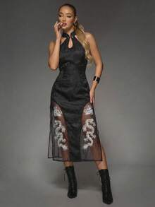 ROMWE Avant Spring/Summervalentine's DaygraphicChinese Style Water Drop Collar Dragon Embroidery Slit Sexy Dress - Black - View 12