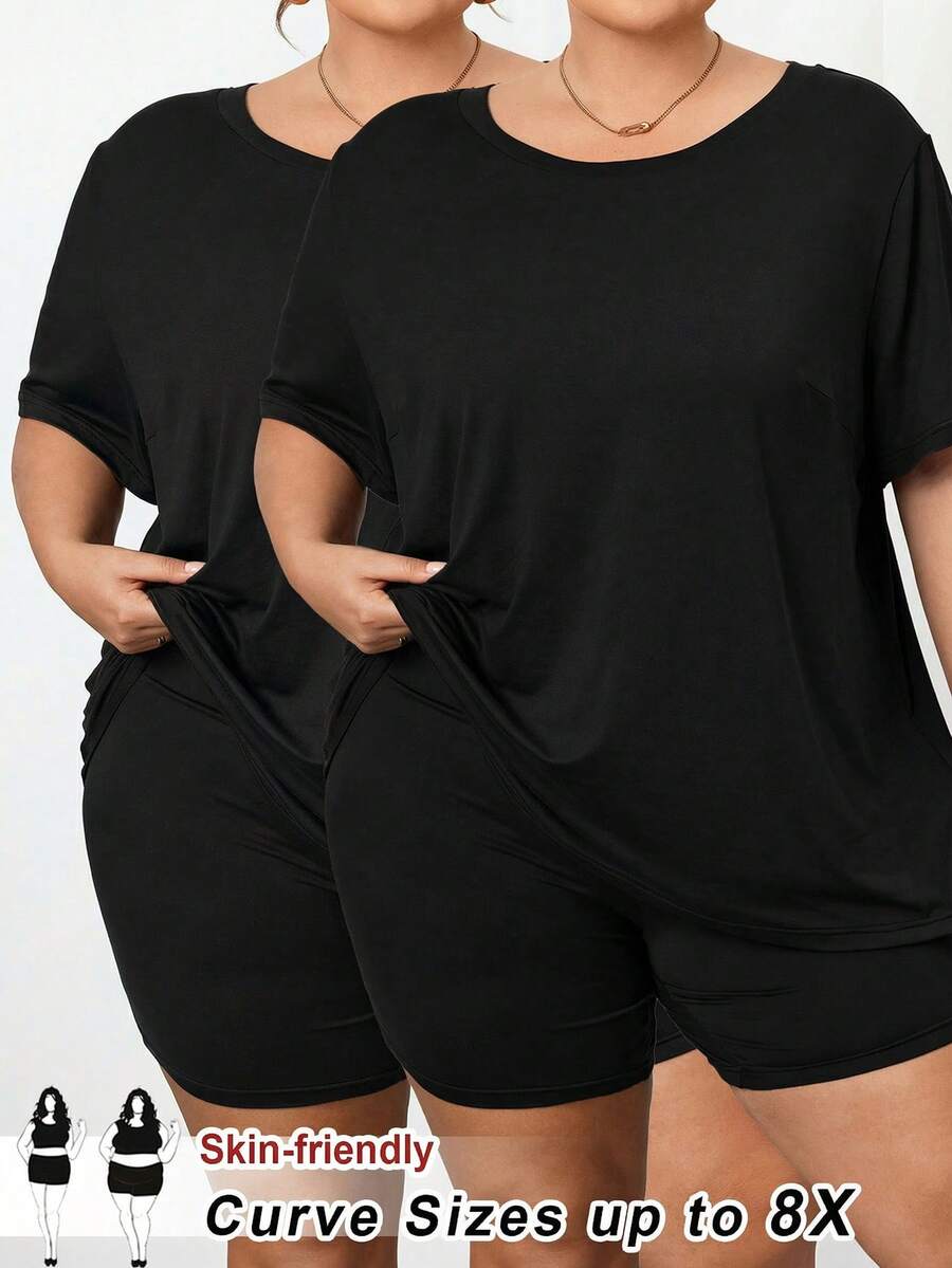 SHEIN CURVE+ CURVE 4件套加大码女式纯色短袖T恤和七分裤套装,Curve Plus,Hoho Vacation沙滩装/沙滩裙/沙滩度假装/沙滩必备/毕业典礼/下午茶派对礼服 - 黑色 - 查看 1