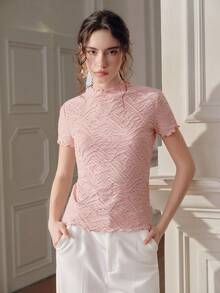 Anewsta Elegant Textured Pink Crew Neck Ruched Design Fitted Short Sleeve T-Shirt For Women - Pink - View 6