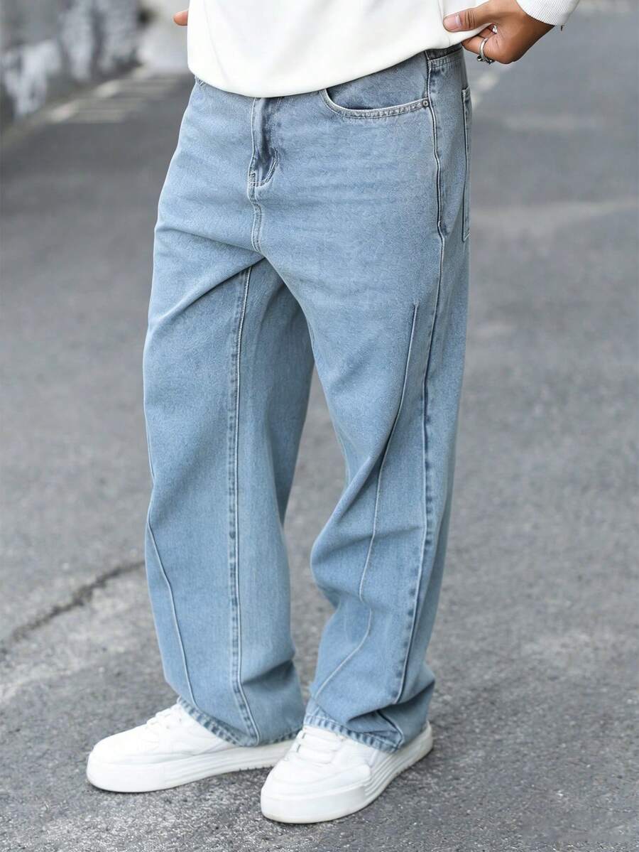 Manfinity Hypemode Jeans de mezclilla rectos y casuales para hombres con diseño de líneas - Lavado ligero - Ver 1