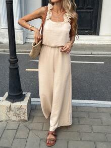 Pariaura INS French Summer Design Sense Shoulder Strap Frill Trim Backless Tie-Waist Loose Slimming High-Waisted Wide-Leg Jumpsuit For Women - Apricot - View 5