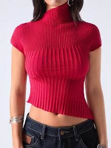 LYSMO 2026 New Arrive Minimalism Spring/Summer Women's Casual Commuting Minimalist Solid Color High Neck Cap Sleeve Asymmetrical Hem Fitted Knit Top - Red - View 4