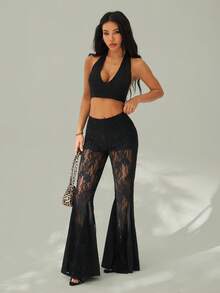 SHEIN PETITE Women's Lace Patchwork Casual Versatile Daily Wear Flare Pants - Black - View 7