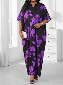 SHEIN Lady 春夏优雅通勤办公波西米亚休闲外出彩色编织缺角舞会礼服一件式袖贴花束腰连衣裙卡夫坦长袍短袖大码连衣裙端庄连衣裙阿巴雅长袍办公连衣裙 - 彩色 - 查看 1