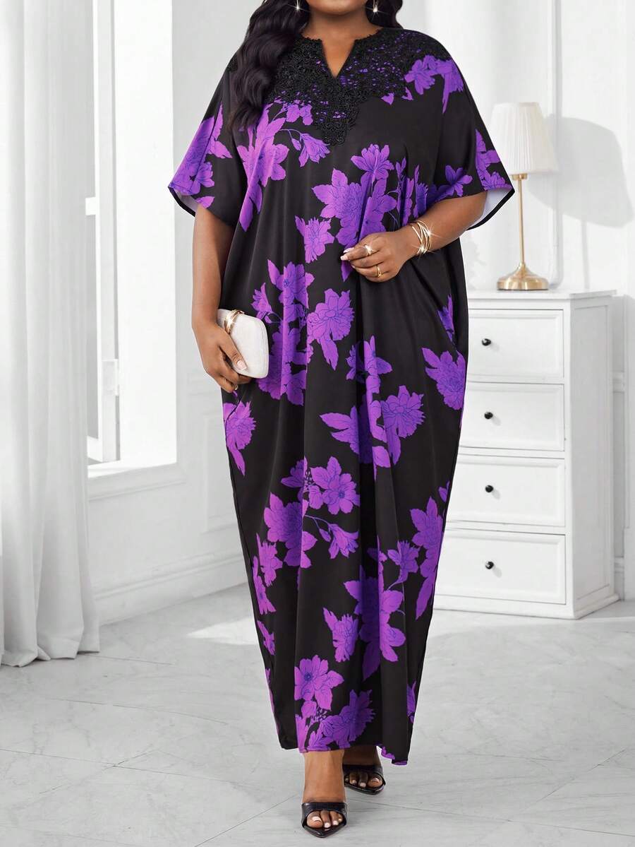 SHEIN Lady 春夏优雅通勤办公波西米亚休闲外出彩色编织缺角舞会礼服一件式袖贴花束腰连衣裙卡夫坦长袍短袖大码连衣裙端庄连衣裙阿巴雅长袍办公连衣裙 - 彩色 - 查看 1