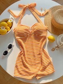 Comfortcana Women's Orange And White And Striped Halter Romper,Summer Casual Tropical Vacation Holiday Beach Vacation Outfits,Festival Country Concert Outfit - Orange - View 4