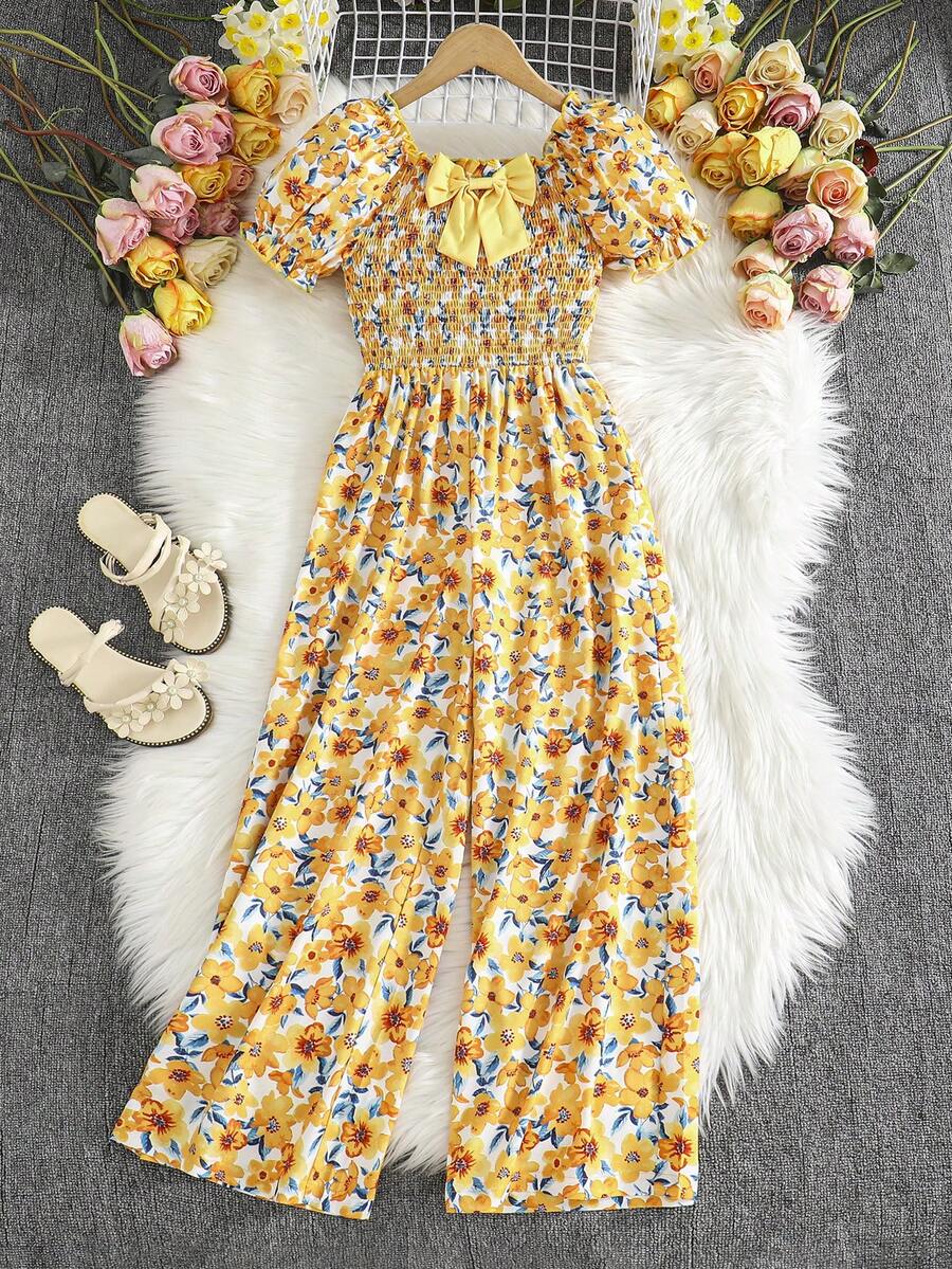 女童印花连体裤，方领泡泡袖，夏季度假风 - 彩色 - 查看 1