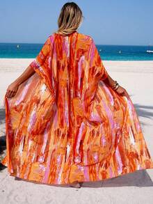Swim Lushoire 女士度假休闲印花和服罩衫 - 亮橙色 - 查看 2