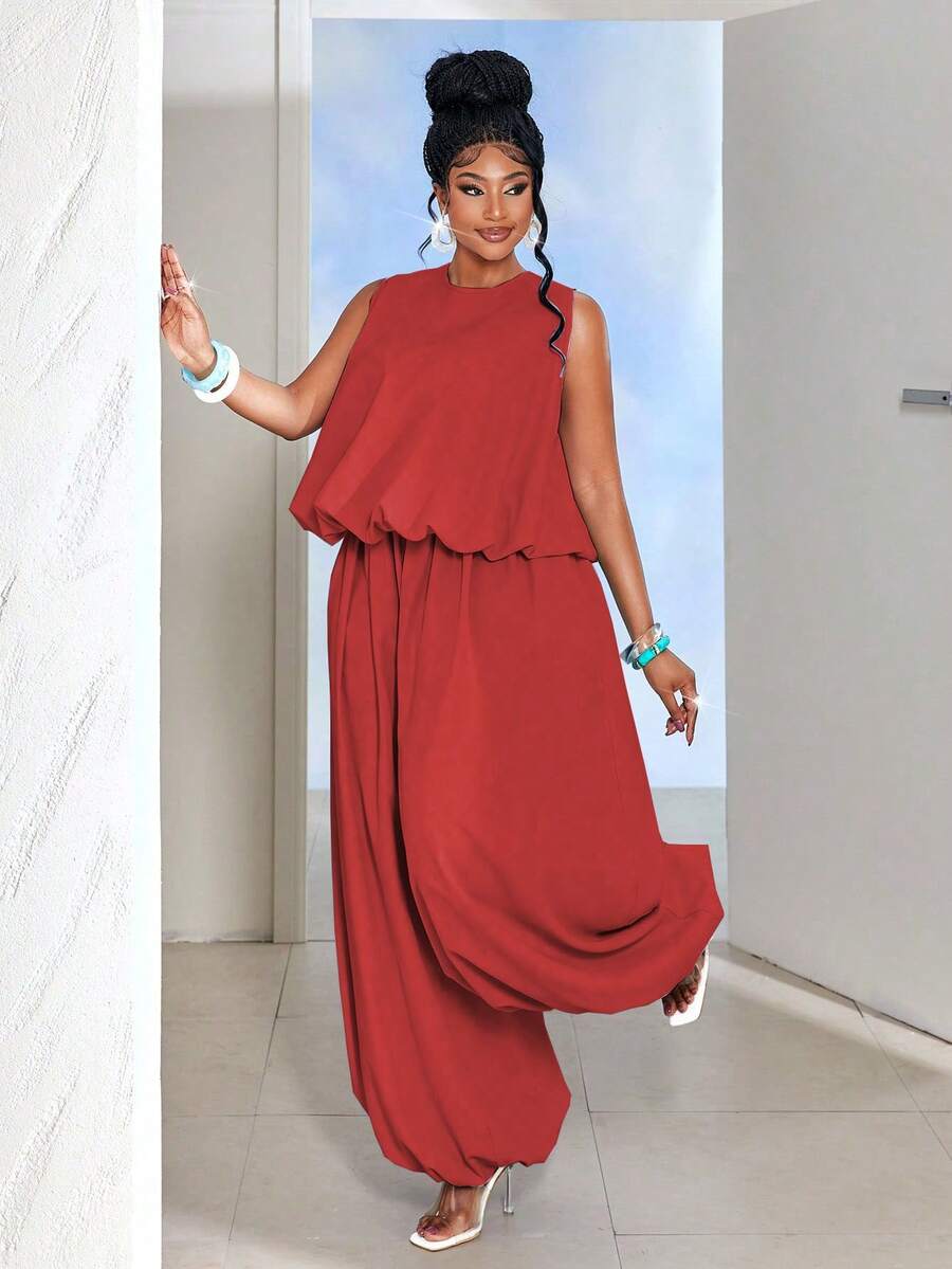 Maweii Conjunto de 2 piezas de top sin mangas y pantalones de unicolor minimalista talla grande - Rojo - Ver 1
