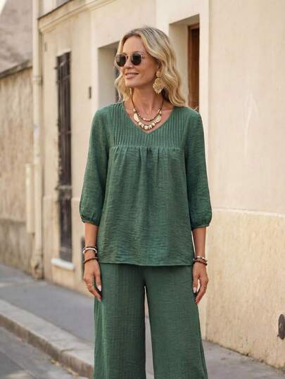 Faunlyn 女士休闲V领条纹灯笼袖衬衫，夏季