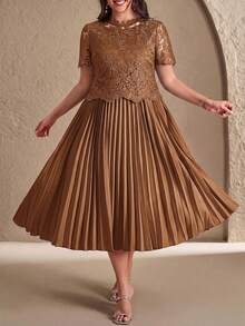 Reflora Vestido elegante de talla grande para mujer con parches, bordados y malla, con dobladillo plisado - Óxido marrón - Ver 8