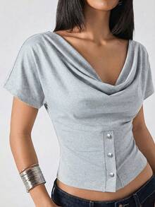 LYSMO 2026新款极简灰色短袖修身圆领休闲衬衫，女士时尚上衣，春夏款 - 灰色 - 查看 4