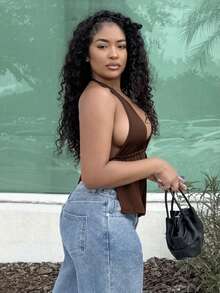 Alexandranx Của phụ nữ Không lưng Halter Neck Buộc Nút Áo - màu nâu - Xem 4