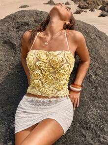 Opulessa Áo ống ôm sát dành cho nữ, chất liệu vải có họa tiết, thích hợp cho kỳ nghỉ xuân/hè. - Màu vàng - Xem 1