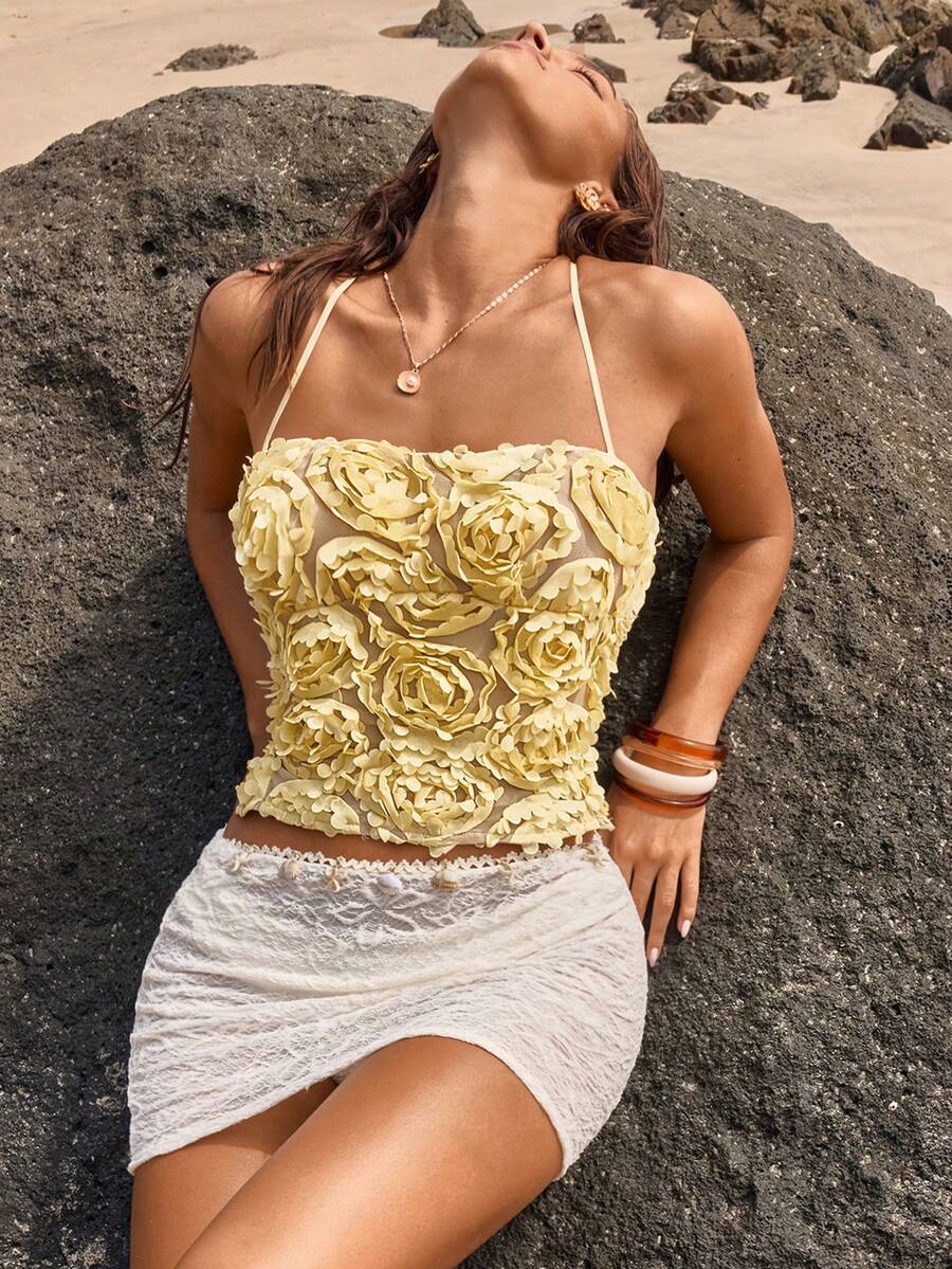 Opulessa Áo ống ôm sát dành cho nữ, chất liệu vải có họa tiết, thích hợp cho kỳ nghỉ xuân/hè. - Màu vàng - Xem 1