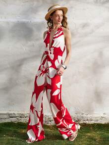 INAWLY Women's Casual Elegant Vacation Red Floral Print Twist Back Jumpsuit - Rose Red - View 5