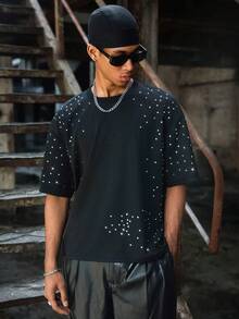 PAVTROS Camiseta casual de hombre con decoración de diamantes, verano - Negro - Ver 1