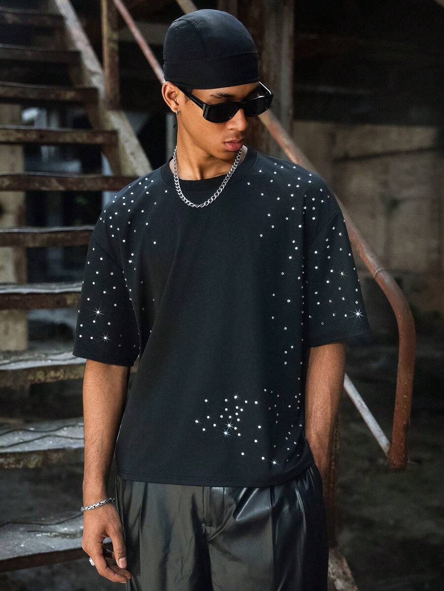 PAVTROS Camiseta casual de hombre con decoración de diamantes, verano - Negro - Ver 1