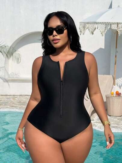 Swim Vcay Plus Size One-Piece Swimsuit, Summer Beach 2026 Solid Color Zipper One Piece Swimsuit Swimwear, Casual Beach Holiday