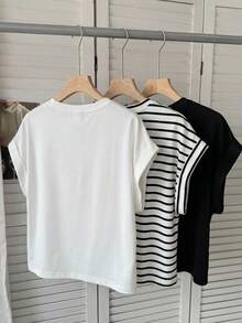 SHEIN LUNE 三件套黑白条纹女式休闲圆领落肩短袖T恤，适合春夏穿着 - 彩色 - 查看 2