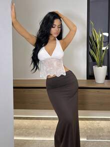 Vassilux Women's Solid Color Pleated Fishtail Hem Skirt, Vacation Brown Classy Elegant Skirt,  Winter Women,  New Year Look, Thanksgiving Outfits. Elegant Long Skirt, Chic Elegant Dress For Party, Luxury Wedding Guest Party Dress - Brown - View 5