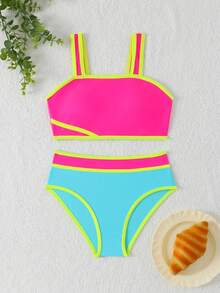 SHEIN Bộ bikini cho bé gái tuổi teen, phong cách Y2K rực rỡ, hồng tươi + xanh hồ + xanh neon, áo hai dây bản rộng và quần tam giác cạp cao, bộ 2 món, vải dệt kim, thời trang, giản dị, thanh lịch, thích hợp cho bơi lội, kỳ nghỉ hè, bãi biển, hồ bơi, tiệc tùng, kỳ nghỉ thư giãn. - Nhiều màu - Xem 3