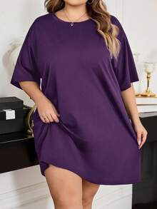 SHEIN CURVE+ Đầm ngắn tay cổ tròn dáng rộng thoải mái, thích hợp cho mùa hè. - Màu tím - Xem 8