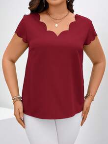 Chikora Plus Size Shell Trim Square Neck Short Sleeve Elegant Blouse - Burgundy - View 4