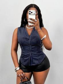 Glyssa 女士夏季无袖条纹衬衫，荷叶领，修身腰身，优雅休闲衬衫，适合海滩、办公室、商务、日常穿着，藏蓝色 - 藏蓝色 - 查看 5