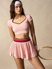 VARSIVA Women's Cropped Top With Contrast Striped Pleated Mini Skirt Pants Sports Suit - Multicolor - View 3