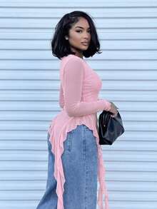 Alexandranx Romantic Spring Asymmetric Jellyfish Ribbon Ruffled Hem Asymmetrical Sloping Shoulder Short Sleeve Solid Color Tight Elastic See-Through Mesh Women's T-Shirt Pink Long Sleeve Top - Pink - View 3