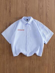 TOKVUE Men's Slim Embroidered Casual Loose Short Sleeve Shirt - Baby Blue - View 1