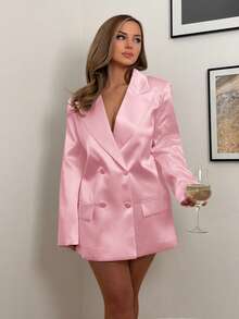 Jeta Ari 女士优雅缎面长袖宽松西装外套，时尚纯色，适合约会、秋冬季穿着。 - 粉色 - 查看 4