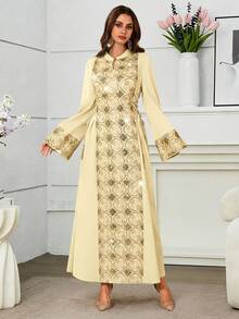 Al Najma Đầm thanh lịch đính sequin thêu họa tiết, thắt eo bên hông, tay xòe. - Màu vàng - Xem 6