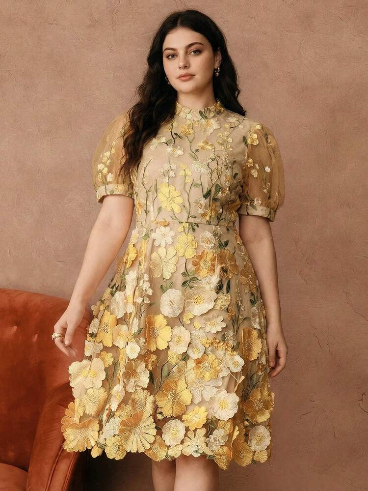 Plus Size Women Elegant 3D Floral Textured Stand Collar Petal Sleeve A-Line Short Dress