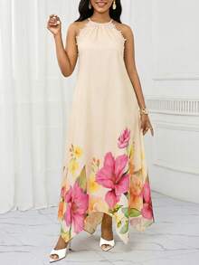SHEIN Lady 女士印花蕾丝拼接无袖中长休闲连衣裙 - 彩色 - 查看 4