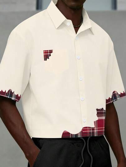 Manfinity EMRG Men's Street Style Plaid Patchwork Irregular Print Shirt, Faux Pocket Short Sleeve Shirt, Retro American Plaid Patchwork Shirt, Unisex Music Festival