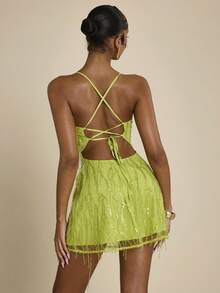 SHEIN BAE Women's Lime Green Beaded Tassel Sleeveless Mini Dress, Summer 70's Party Club Disco Rave Floral Backless Spaghetti Strap Nightclub Beach Outfit Sexy - Green - View 2