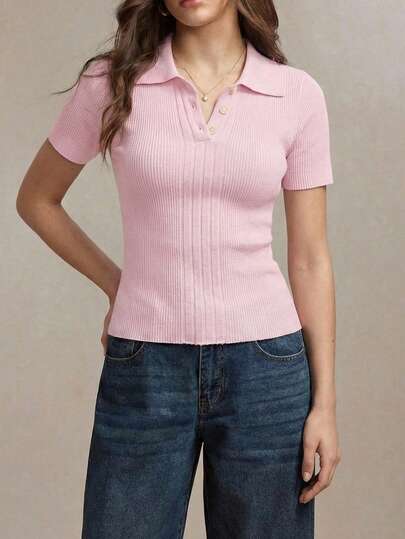 BizChic Áo dệt kim tay ngắn cổ bẻ thanh lịch dành cho nữ, đa năng, phù hợp cho đi làm, công sở, thường ngày hoặc mặc nhiều lớp.