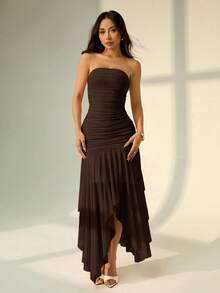 SHEIN PETITE 女士不对称下摆荷叶边无肩带连衣裙，适合约会和婚礼季，夏季女士连衣裙 - 棕色 - 查看 9