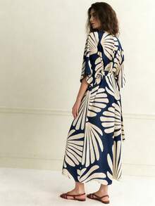 Rafferiza Vestido largo ajustado con cuello en V relajado, manga 3/4, diseño envolvente con estampado de agua, estilo elegante de vacaciones de primavera/verano 2026 para mujeres - Azul - Ver 2