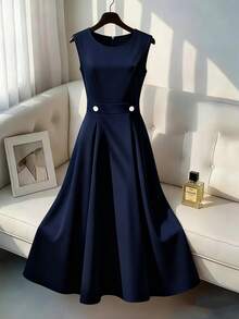 GlowEve CURVE Plus Size Summer Casual Minimalist Button Decor Sleeveless Dress - Navy Blue - View 1