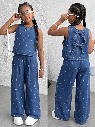 SHEIN 2件套 少女白色蝴蝶结装饰藏蓝色牛仔宽松背心和荷叶边裤