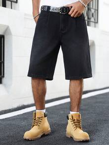 Manfinity EMRG 男士街头时尚奢华通勤折叠设计黑色牛仔短裤 - 黑色 - 查看 3