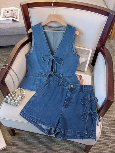 GlowEve CURVE Plus Size Women's Spring/Summer Washed Front Tie Denim Vest