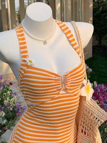 Comfortcana Women's Orange And White And Striped Halter Romper,Summer Casual Tropical Vacation Holiday Beach Vacation Outfits,Festival Country Concert Outfit - Orange - View 6