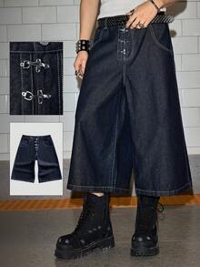 ROMWE MEN Grunge Punk 男士宽松飞机扣阔腿休闲牛仔短裤 - 藍色 - 查看 13