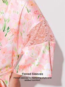 LUVLETTE Women's Summer Airy Floral Satin Robe - Lightweight Tie-Waist Sleep Dress Airy Summer Nightwear Pyjama - Pink - View 9